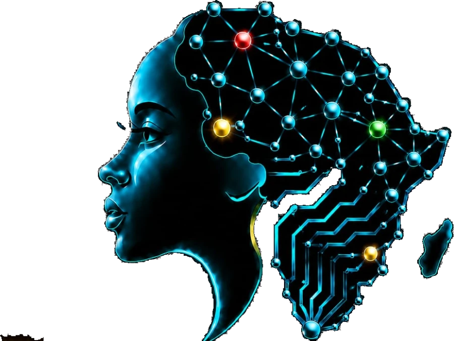 An African woman in profile, the continent of Africa forming her hair as a connected neural network of nodes and circuit traces